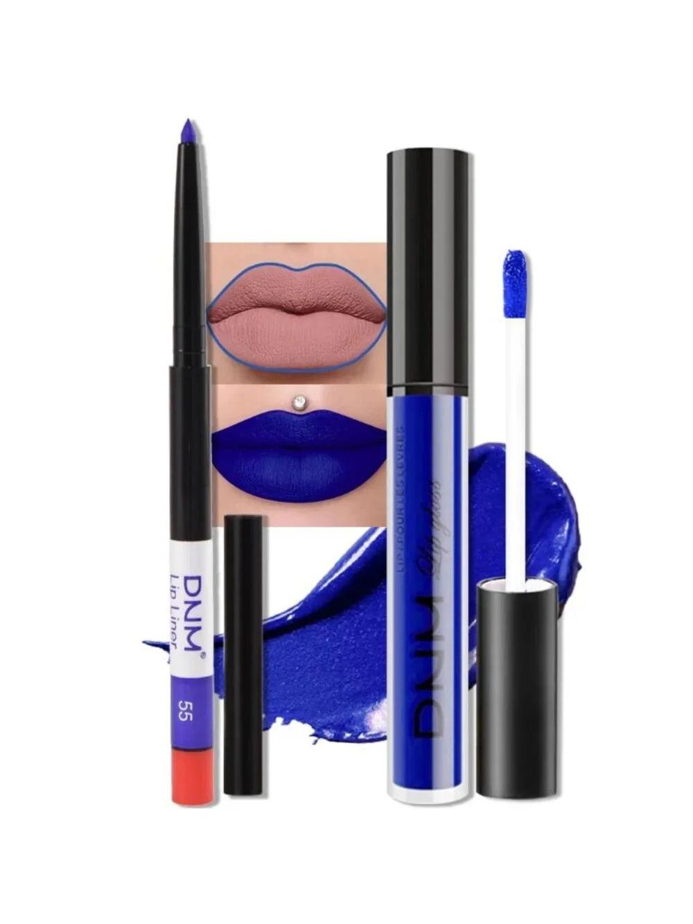 DNM 55# Royal Blue 2Pcs 24H Long-Lasting Matte Liquid Lipstick and Lip Liner Set